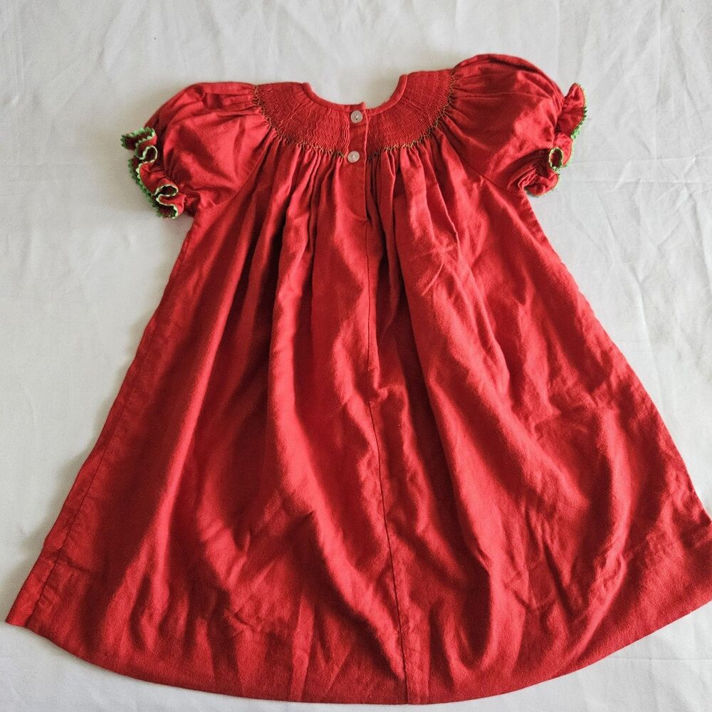Vintage Silly Goose Hand Smocked Monkey Palm Tree Dress Red Green Ricrac 24M - Picture 3 of 10
